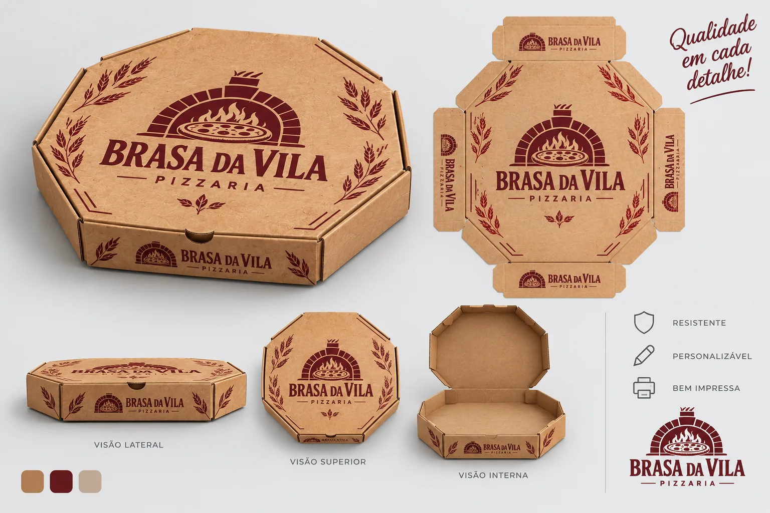 Caixa de Pizza personalizada em kraft com impressão vinho da pizzaria Brasa da Vila