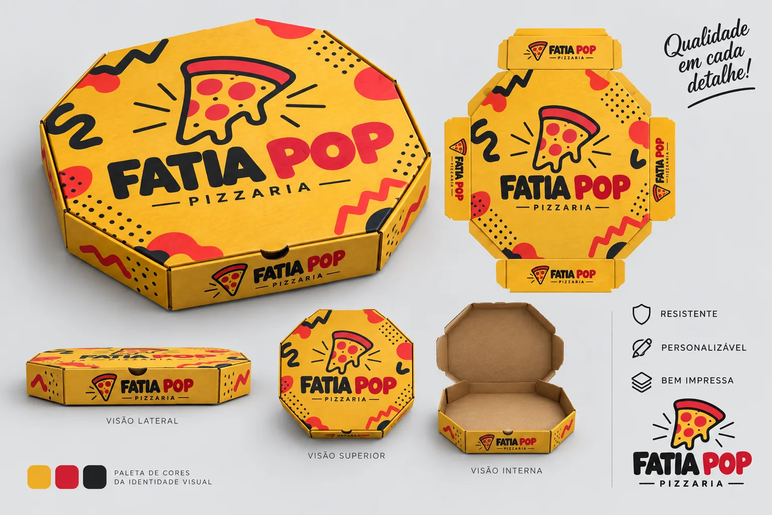 Caixa de Pizza personalizada amarela com fatia de pizza da pizzaria Fatia Pop