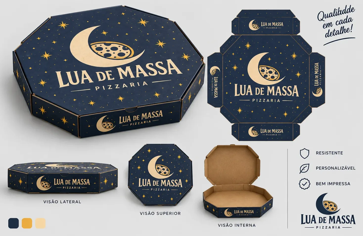 Caixa de Pizza personalizada azul-marinho com lua e estrelas da pizzaria Lua de Massa