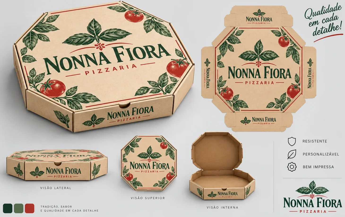 Caixa de Pizza personalizada em kraft com manjericão e tomates da pizzaria Nonna Fiora