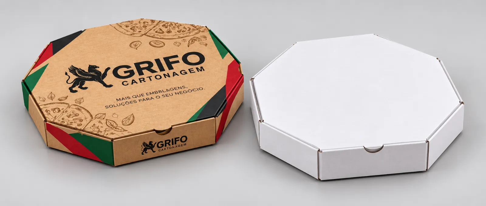 Caixa de Pizza oitavada personalizada em kraft e caixa branca